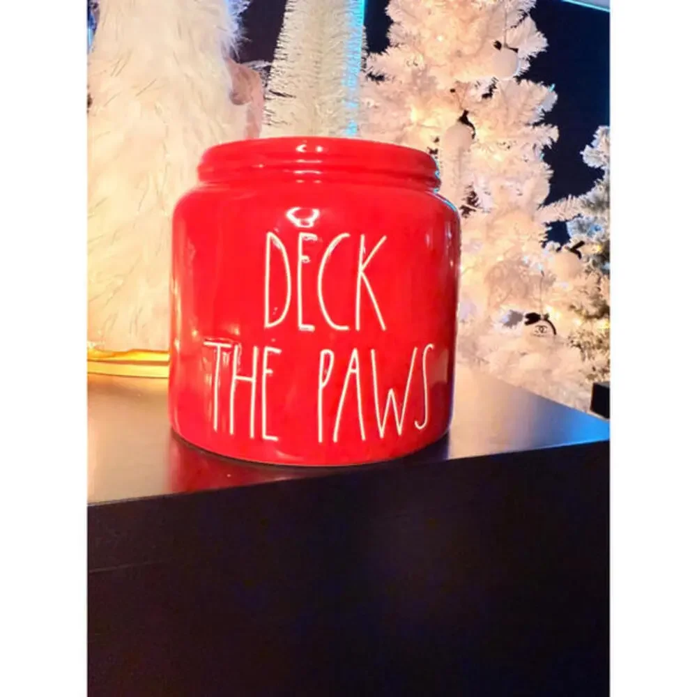 Rae Dunn Deck the Paws Red Christmas Pet Treat Jar Canister New